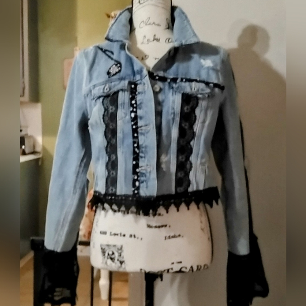 Redneck Princess Denim Jacket with Black Lace And Musical Note Trim,Sz S/M